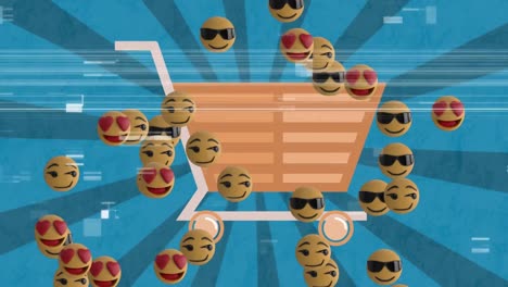 animación digital de tv efecto estático sobre varios emojis de cara flotando contra el fondo radial
