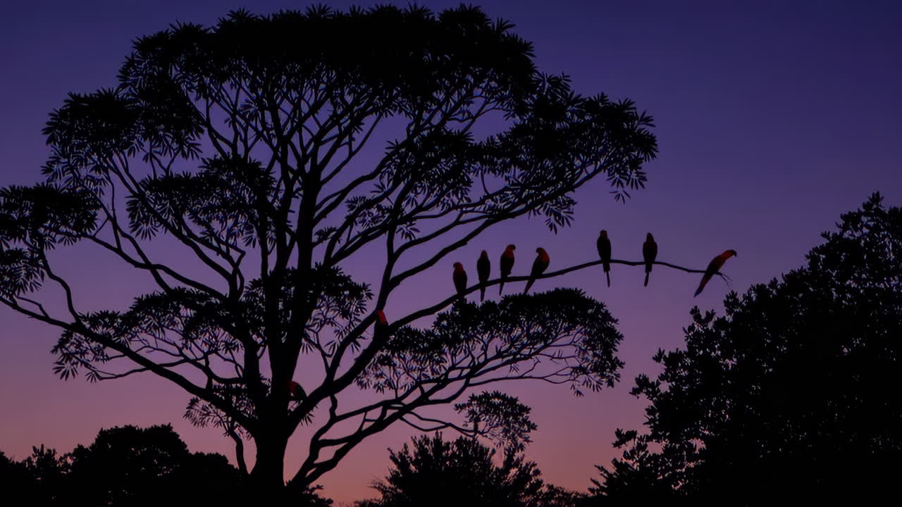Parrots perched on a tree at sunrise/sunset