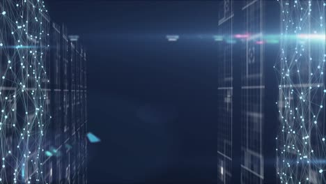 glowing network and data processing over computer servers in dark server room