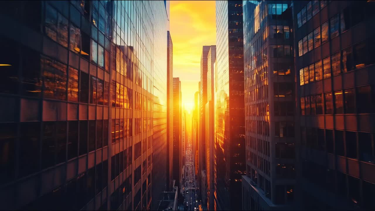 Vídeo aéreo captura um pôr do sol deslumbrante entre arranha-céus, exibindo a beleza urbana.