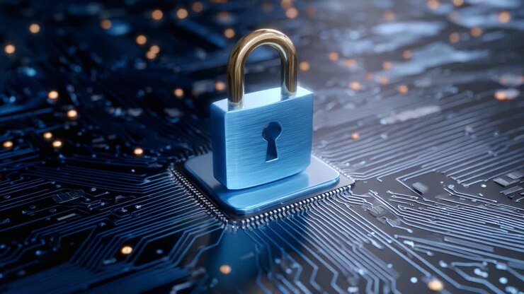 Digital Security: A Blue Lock Symbolizing Protection on a Circuit Board, Representing Cybersecurity and Data Privacy in Technology