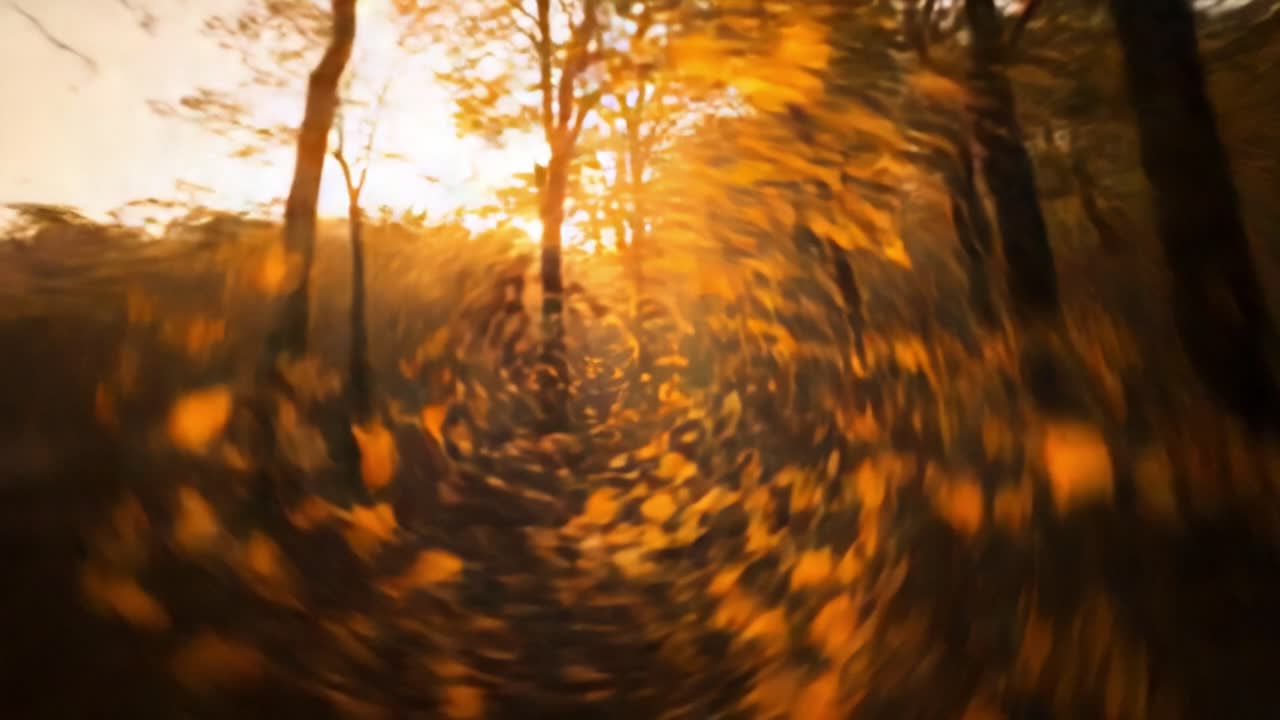 A Whirlwind of Autumn Leaves: Capturing the Essence of Fall in a Forest Bathed in Golden Light with a Swirling Motion Effect