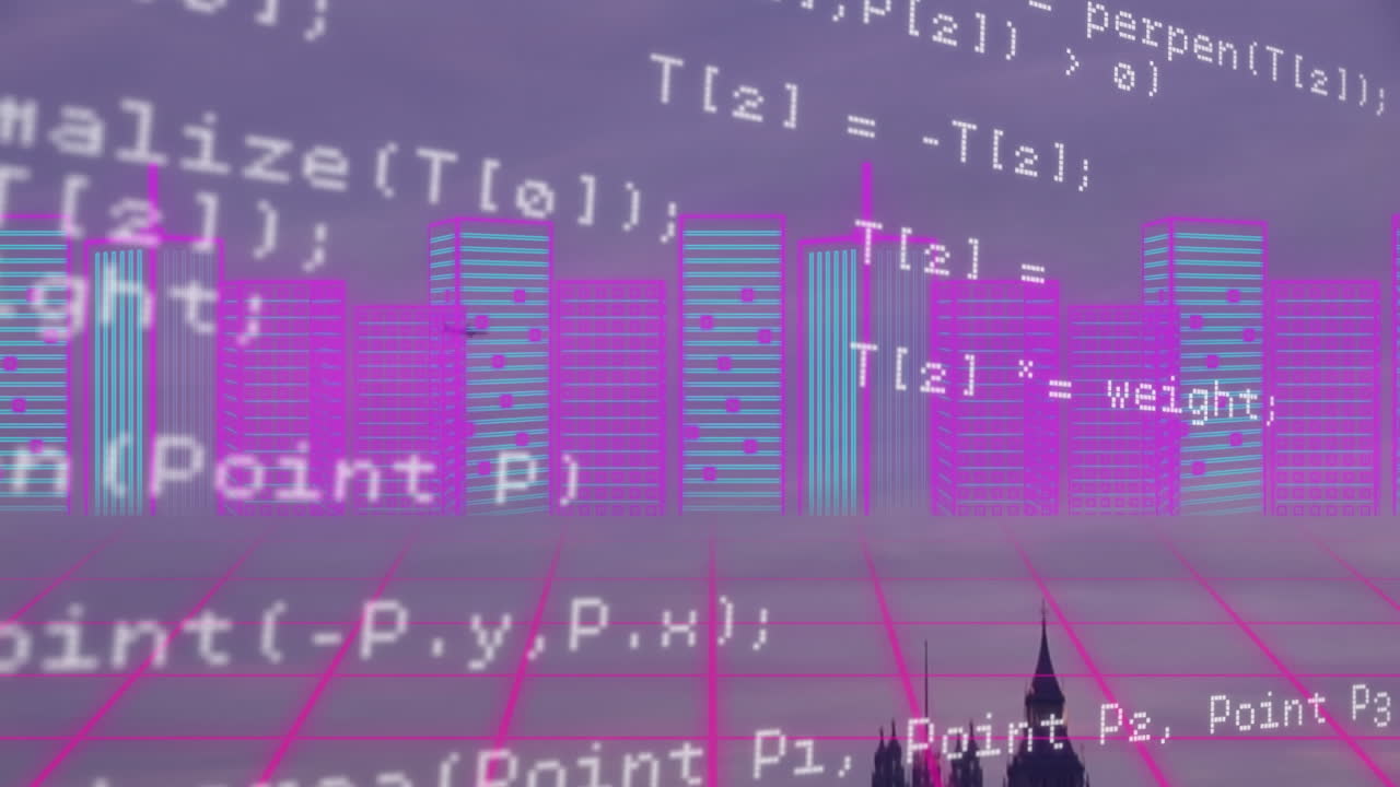 도시 풍경 위의 데이터 처리 애니메이션