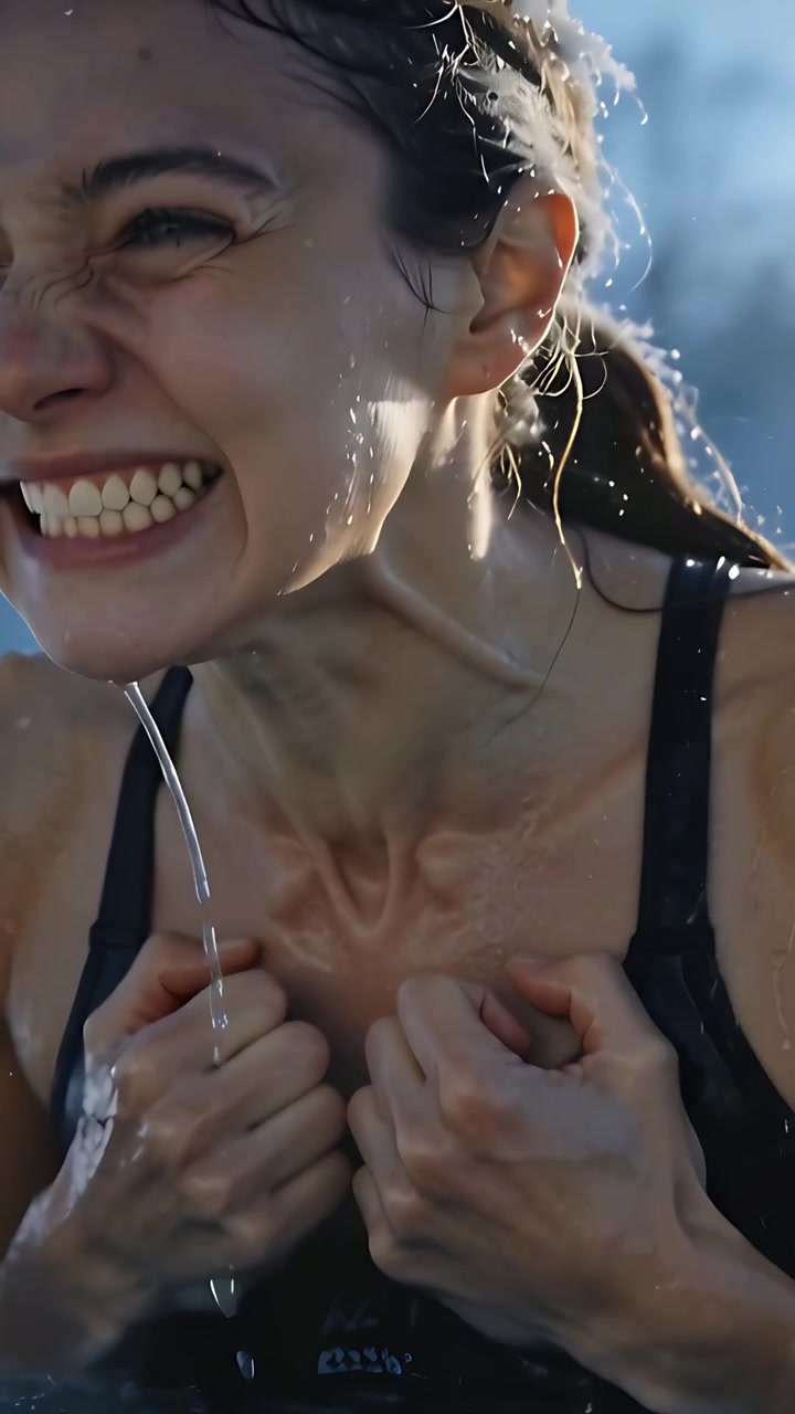 Video verticale: Donna con top nero che ansima e si stringe il petto mentre l'acqua gelida la colpisce in un lago innevato.