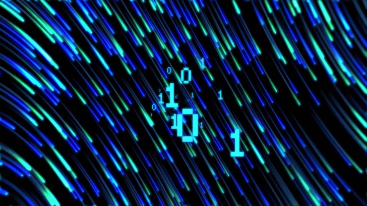 Binary code over blue and green streaks, digital data processing animation