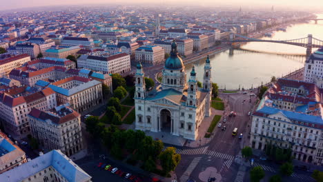 budapest, hungary: aerial view of st. stephen's basilica at sunrise/sunset