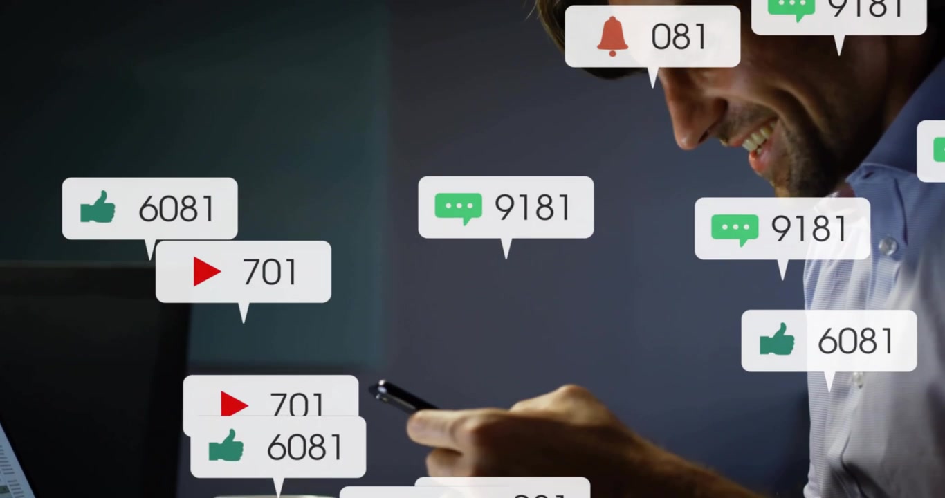 Man picking up smartphone, animating tech alerts for monitoring updates shifting to laptop typing