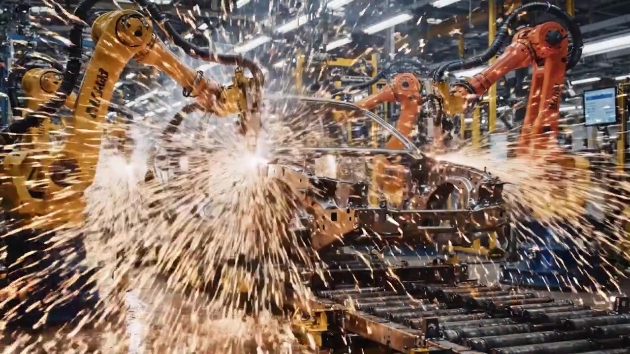 Fabricação Automotiva Avançada: Braços Robóticos Soldando e Montando Estruturas de Carros com Precisão em um Ambiente Industrial de Alta Tecnologia