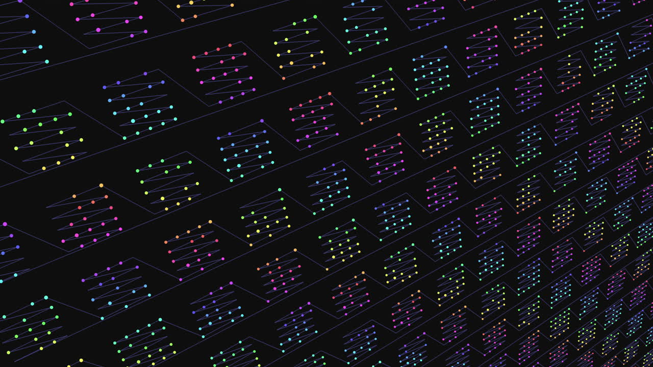 Dynamic abstract footage of a network style data visualization with colorful nodes and connecting lines on a dark background, ideal for concepts of AI, machine learning, analytics and technology
