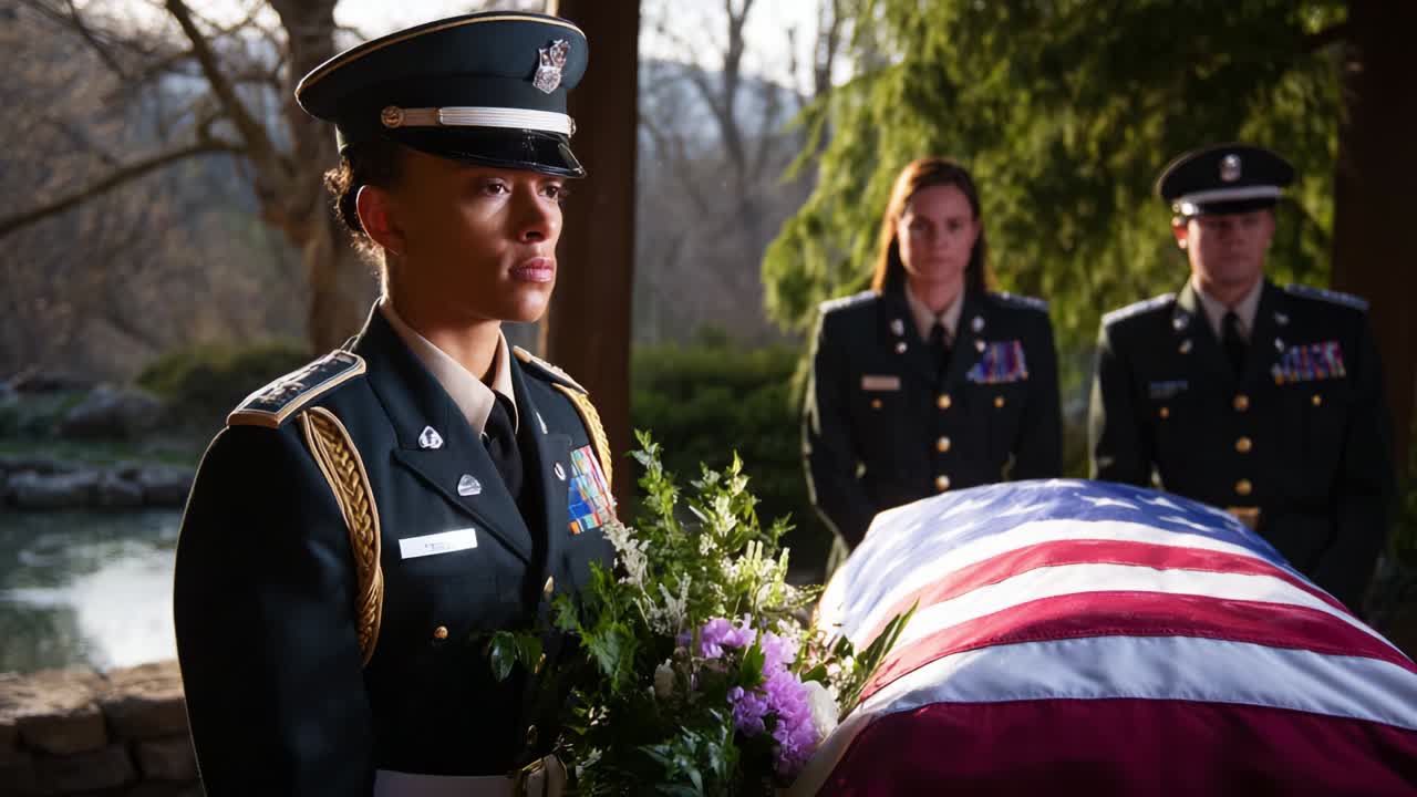 A Solemn Military Farewell: Honoring a Fallen Soldier with Dignity and Respect at a Funeral Service, Surrounded by Comrades and Loved Ones in a Beautiful Natural Setting