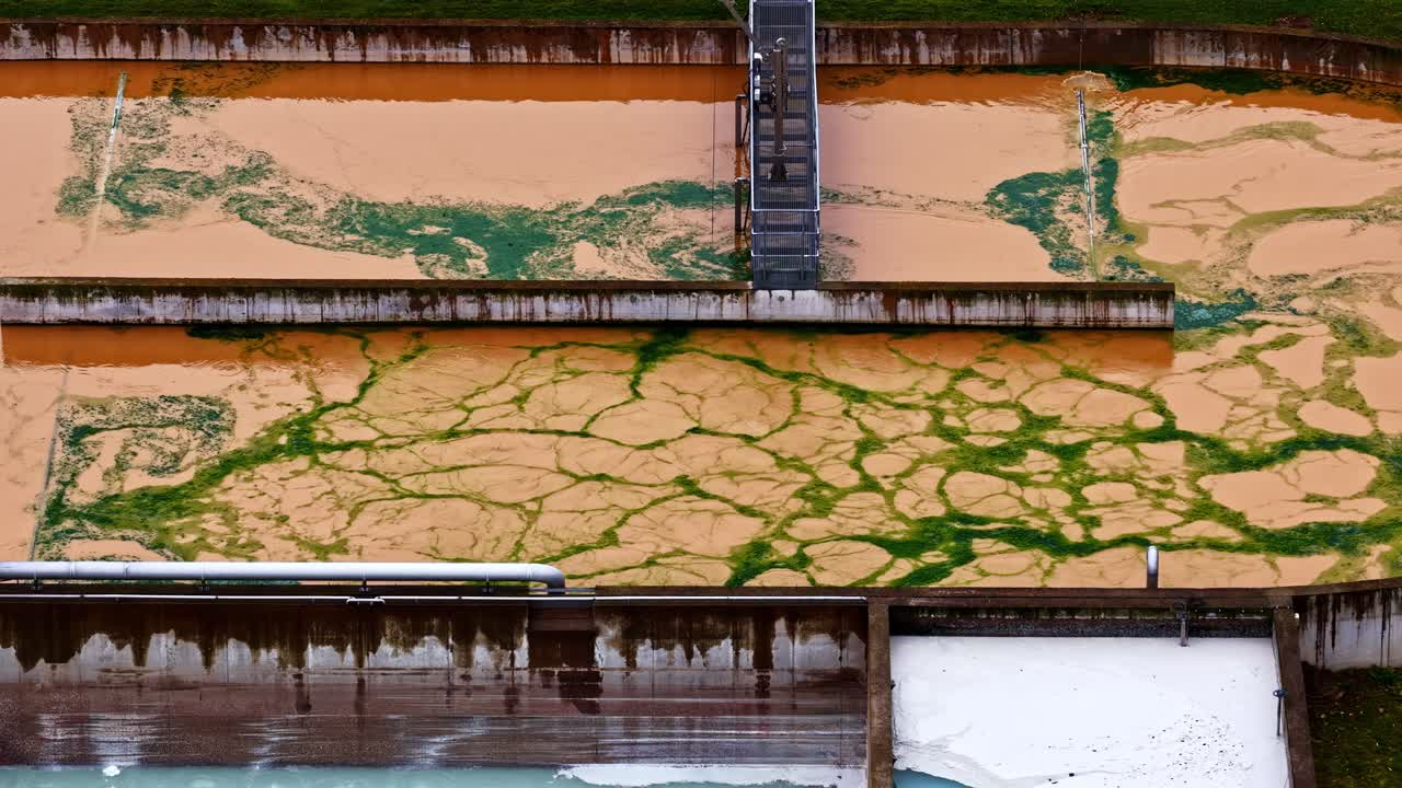Close up drone view of frothing aeration pools and pipes at wastewater treatment plant during daylight