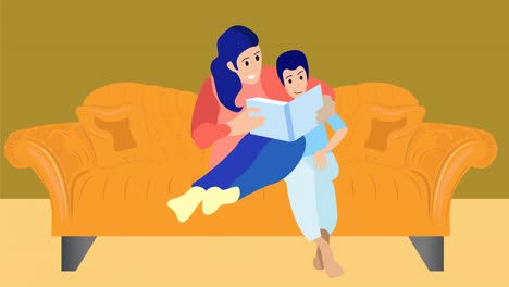 Animation-of-family-embracing-on-green-background