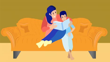 animation of family embracing on green background