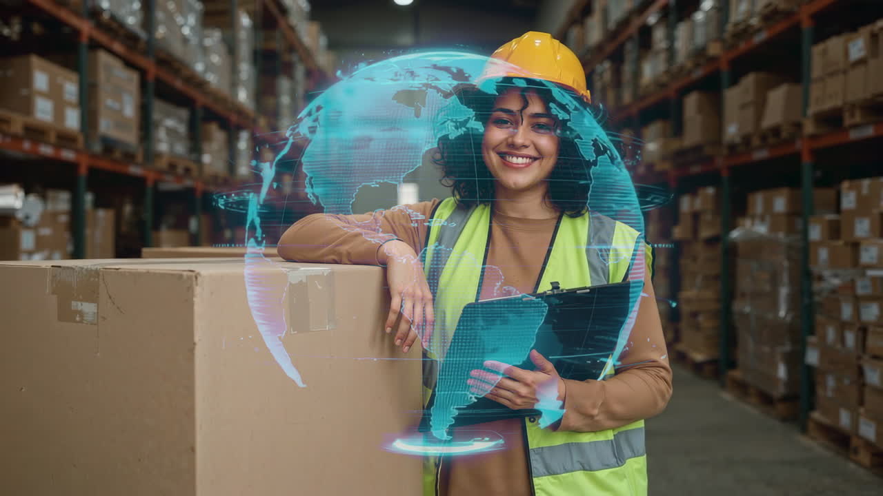 Woman in warehouse with global logistics hologram