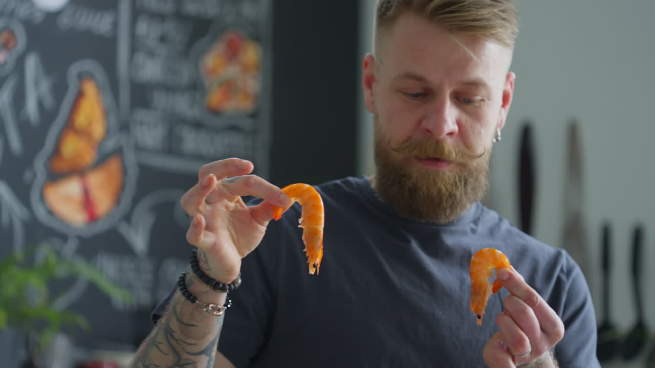 Food Blogger Holding Shrimps and Speaking on Camera