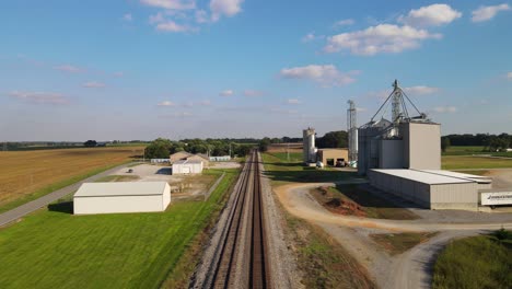 Drone-flying-over-a-railway-track-crossing-through-feed-factory-in-Trenton,-Kentucky
