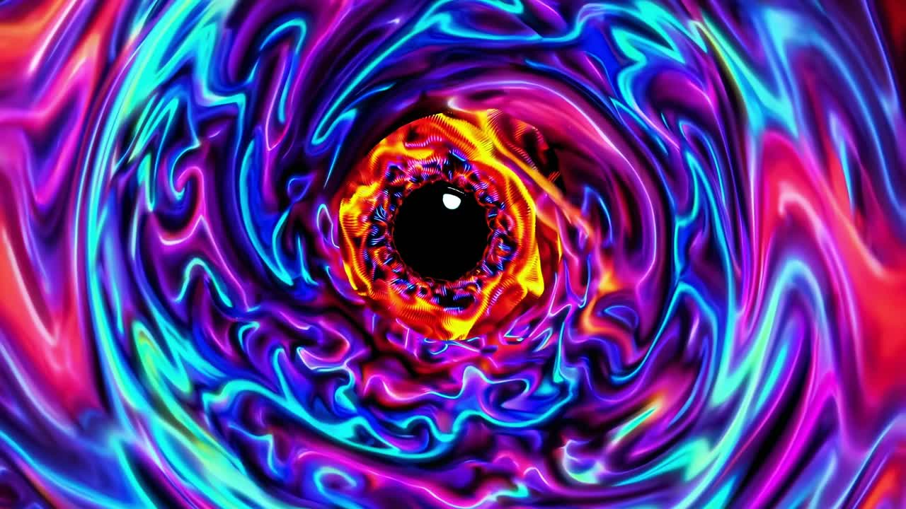 Psychedelic vortex swirling around a watchful eye creates an abstract, colorful visual effect perfect for projects exploring altered states of consciousness and visionary experiences