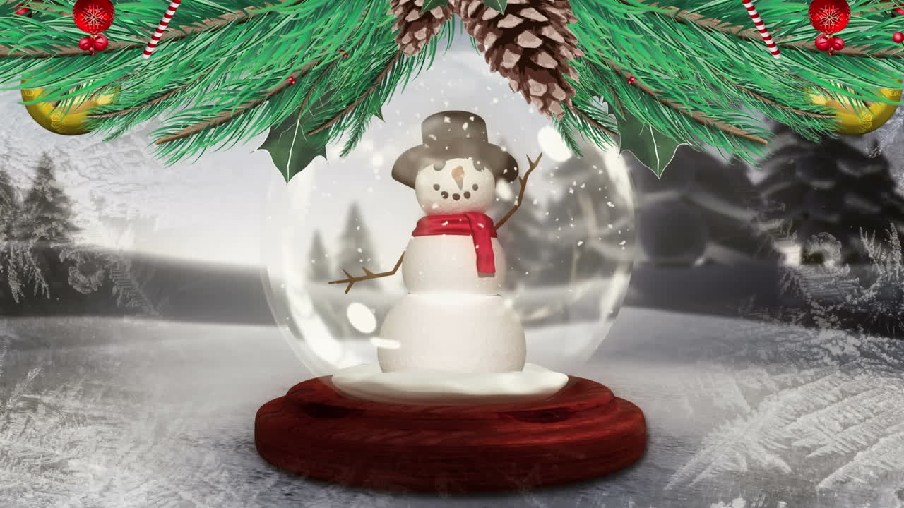 decoración de corona de navidad sobre el muñeco de nieve en un globo de nieve en el paisaje de invierno