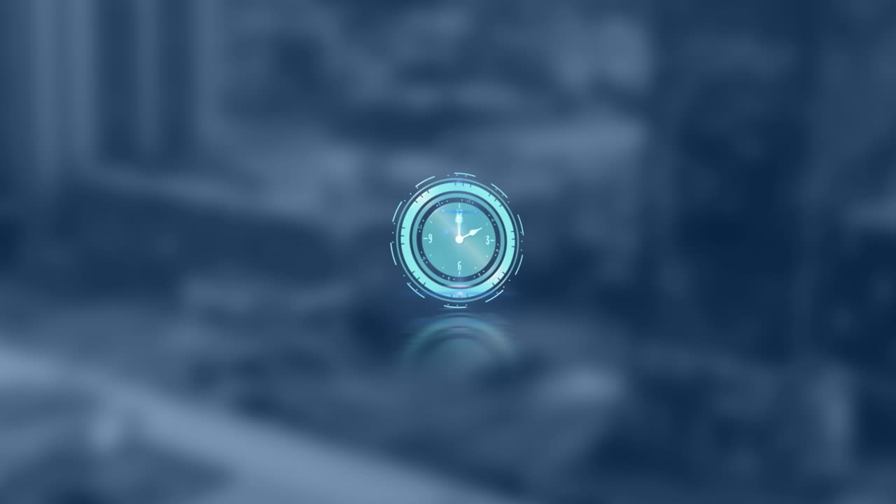 animación del reloj moviéndose rápidamente sobre el paisaje urbano fuera de foco