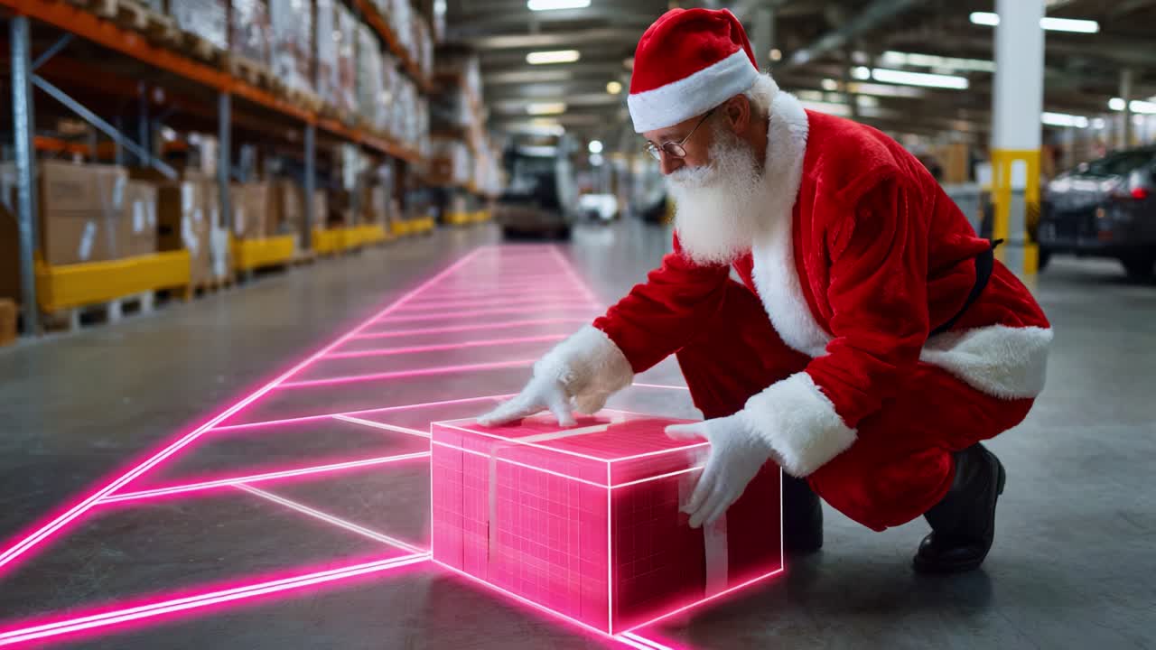 Santa Claus in a Warehouse: A Festive Scene of Gift Preparation with a Bright Pink Laser Guiding a Christmas Present on Christmas Eve
