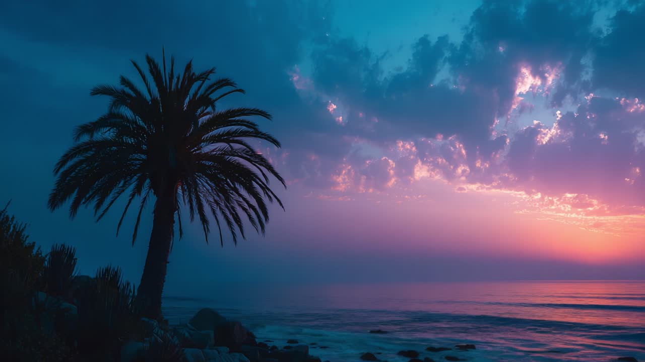 A Calming Sunset Over Serene Waters with a Silhouette of a Palm Tree Against a Colorful Sky Filled with Soft Clouds and Gentle Reflections on the Ocean Surface