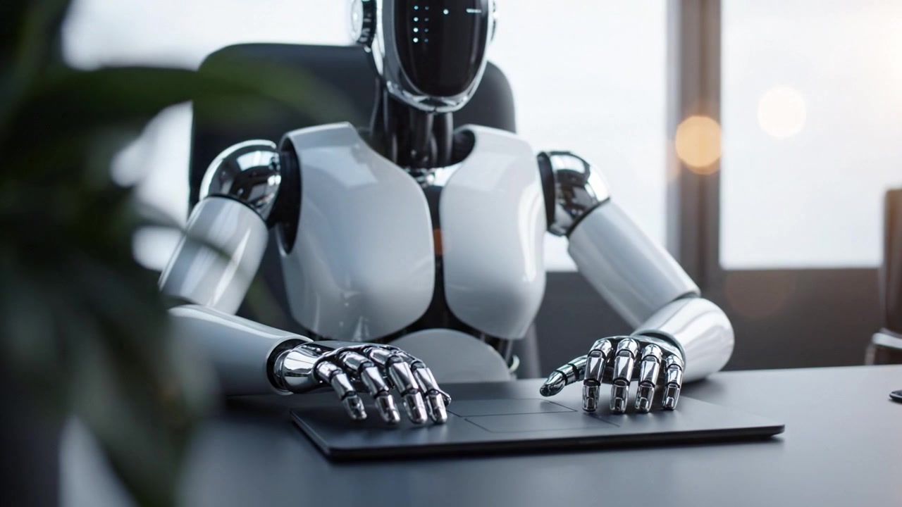 Un robot umanoide seduto a una scrivania, che interagisce con un'interfaccia touchscreen, evidenziando l'evoluzione dell'intelligenza artificiale in un moderno ambiente di lavoro.