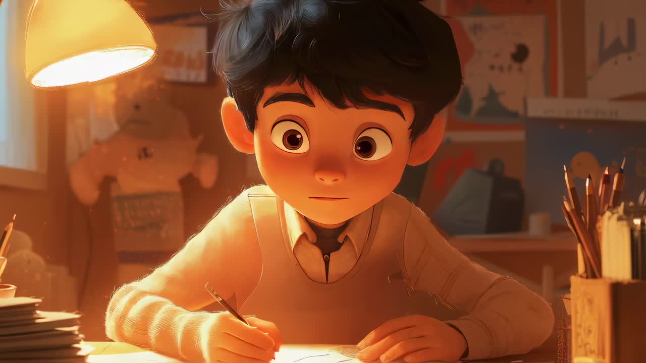 Young student carefully drawing on paper, sitting at wooden desk in bedroom under warm lamp, demonstrating concentration and artistic dedication during evening study session