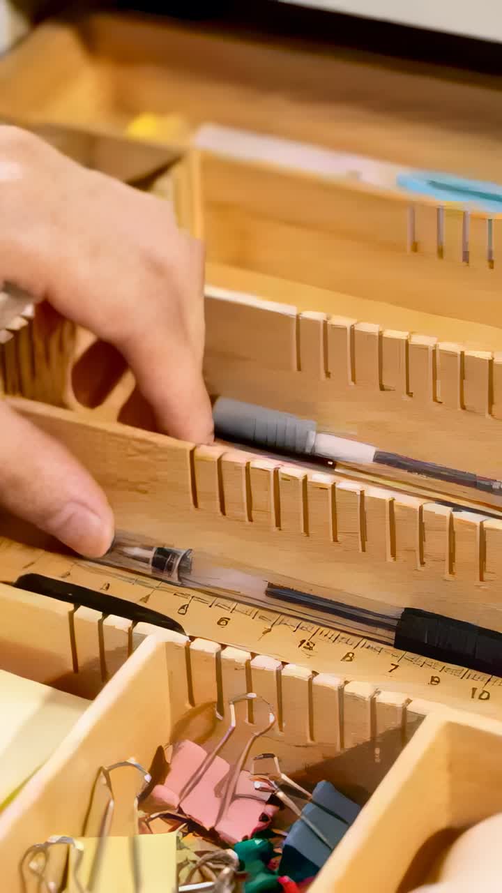 Vertical video: Reaching right hand sliding pen from bamboo tray at desk to inspect, with clips