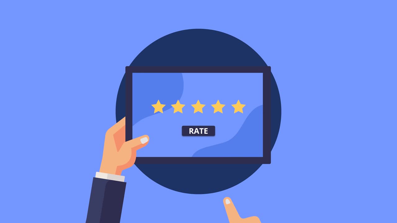 revisión en línea, y dando comentarios de los clientes, sistema de calificación digital. satisfacción del cliente como animación 2d.