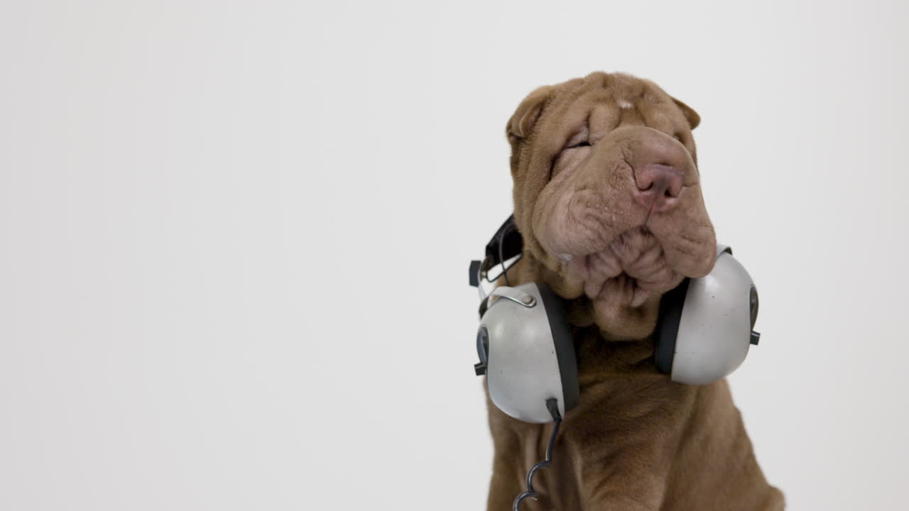 shar pei perro cachorro con auriculares con fondo blanco