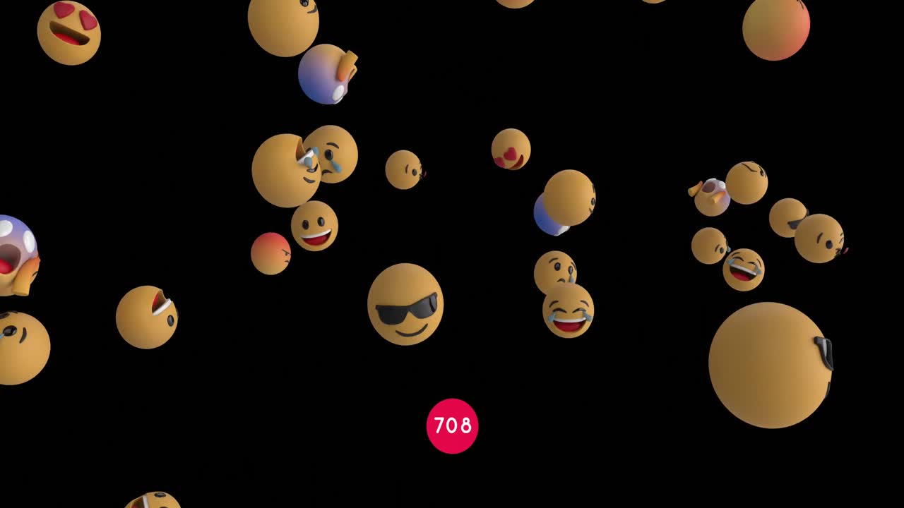 Increasing numbers on round red banner over multiple face emojis floating against black background