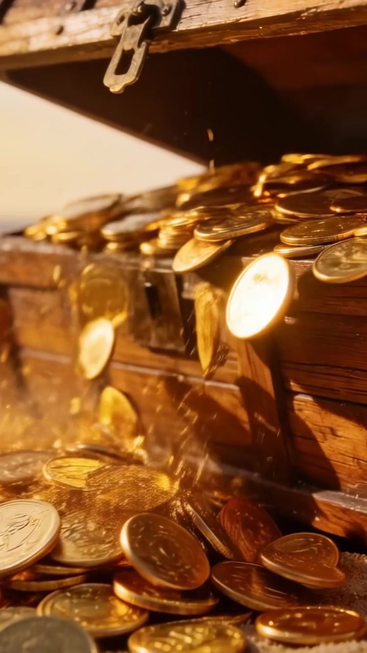 Video verticale: Coperchio di un forziere che si inclina, monete d'oro che si riversano sulla sabbia sulla battigia, con il chiavistello metallico che luccica.