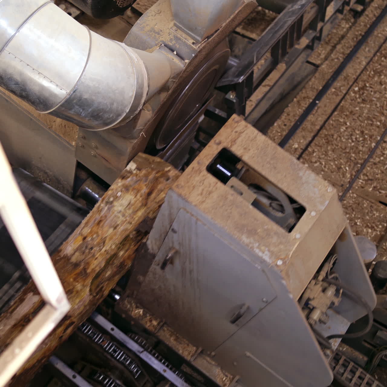 Forest product industries. Sawmill. Process of machining logs in a machine, Heavy industry equipment. Closeup. view from the top. Wood industry facilities.
