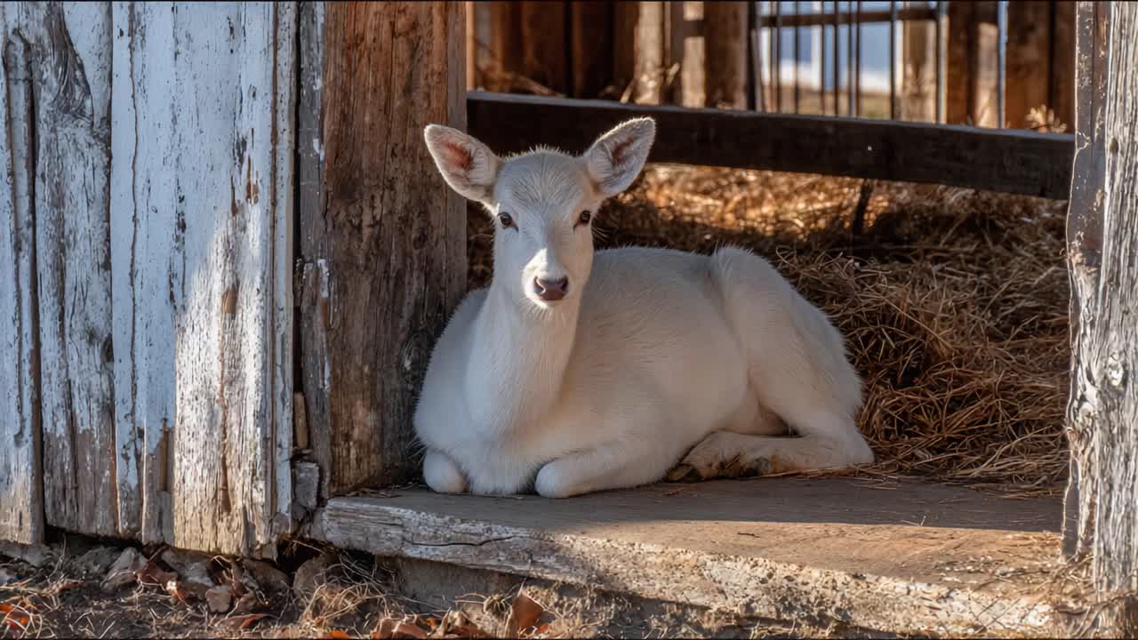 Un pacifico cerbiatto bianco che si rilassa in un fienile rustico, circondato dalla paglia, che incarna la tranquillità e il fascino delicato della vita rurale in campagna