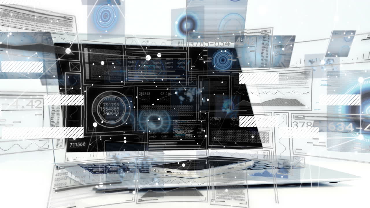 Animation of futuristic digital interface with holographic data on laptop screen