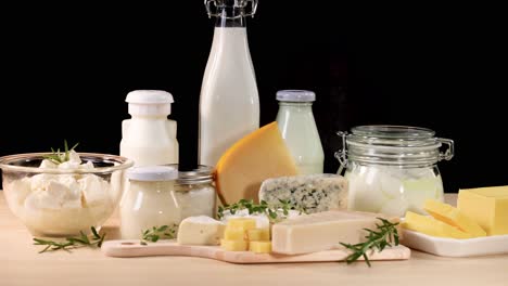 assorted dairy items arranged neatly on a table