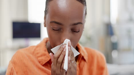 sick black woman, tissue and nose in home