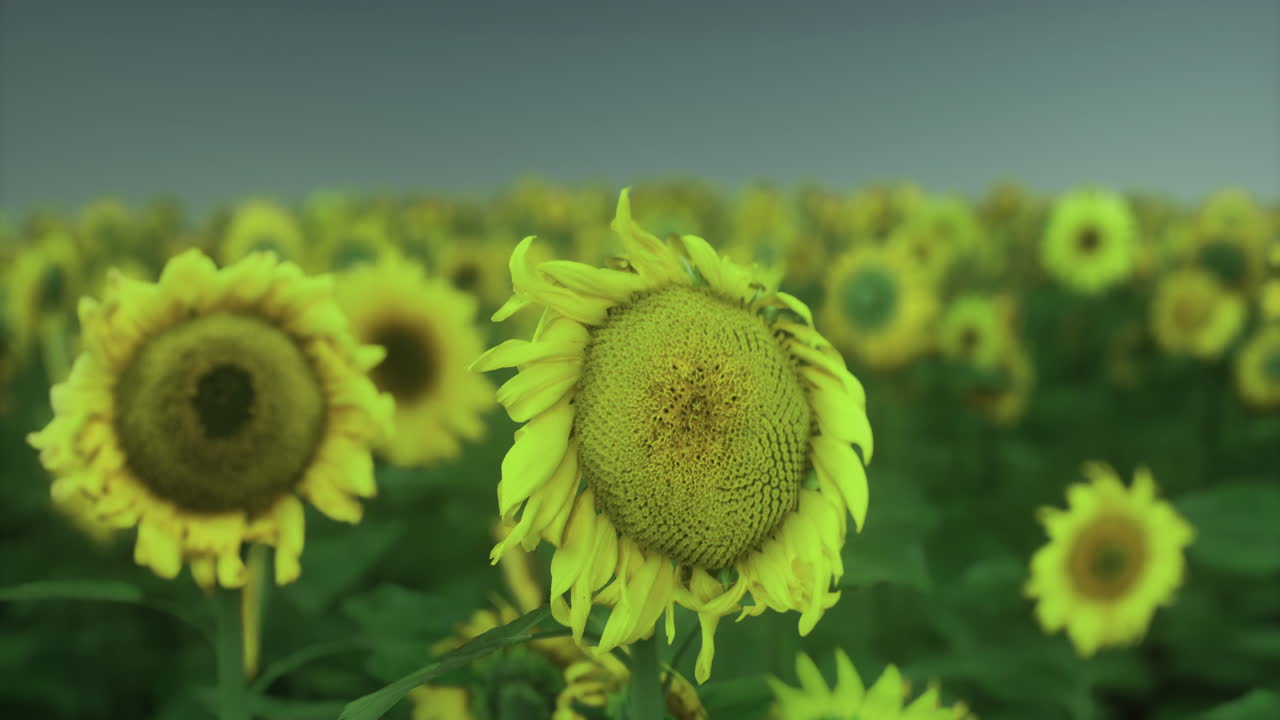 Sunflowers blooming in a vast field during a bright afternoon in summer