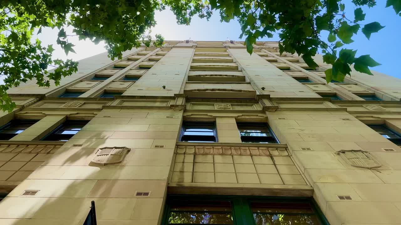 Gothic New York style architecture limestone apartment view up to leafy blue sky