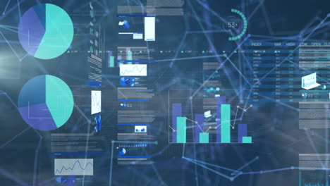 Animation of statistical data processing over network of connections against blue background