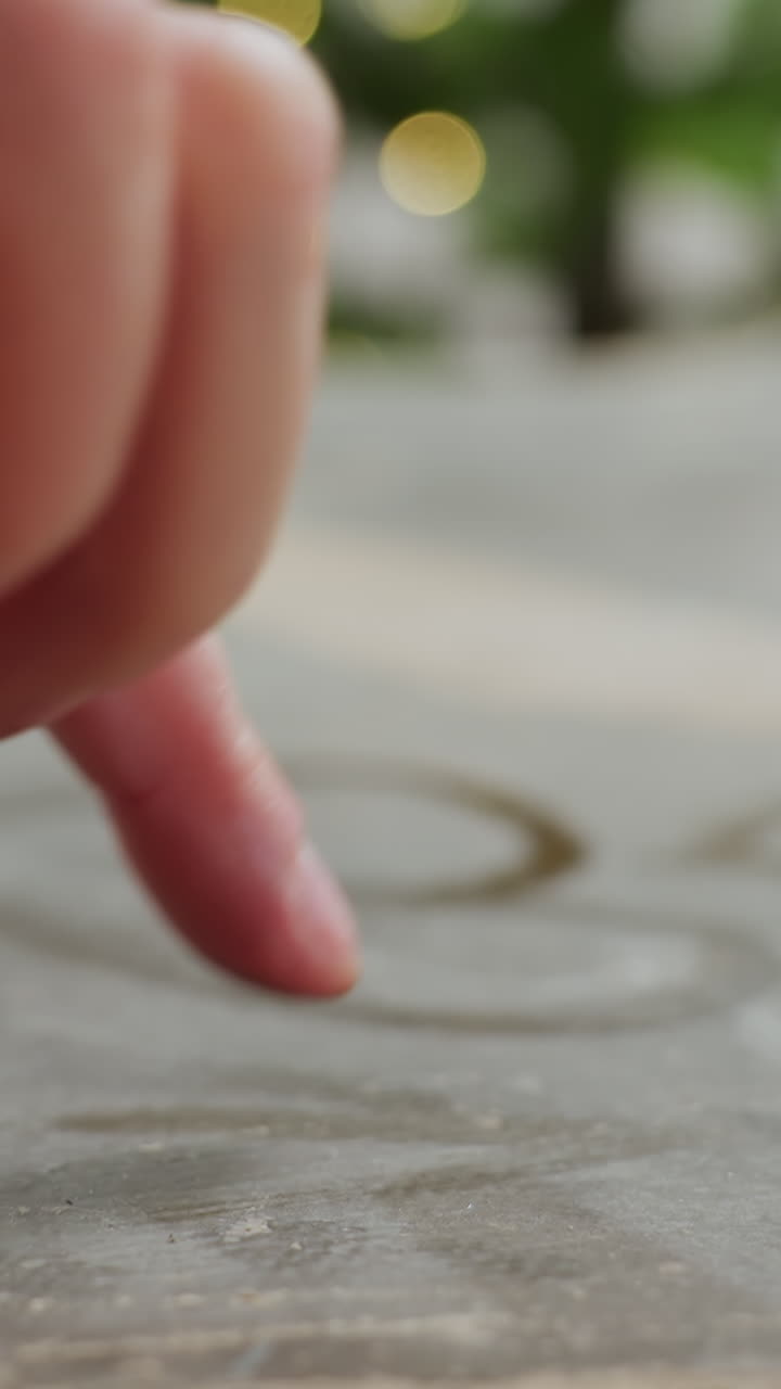 Finger sketching double hearts on tabletop, blurred tree lights and warm bokeh, gold ring on finger, closeup playful motion of craftmaker, shallow depth of field, textured surface marks