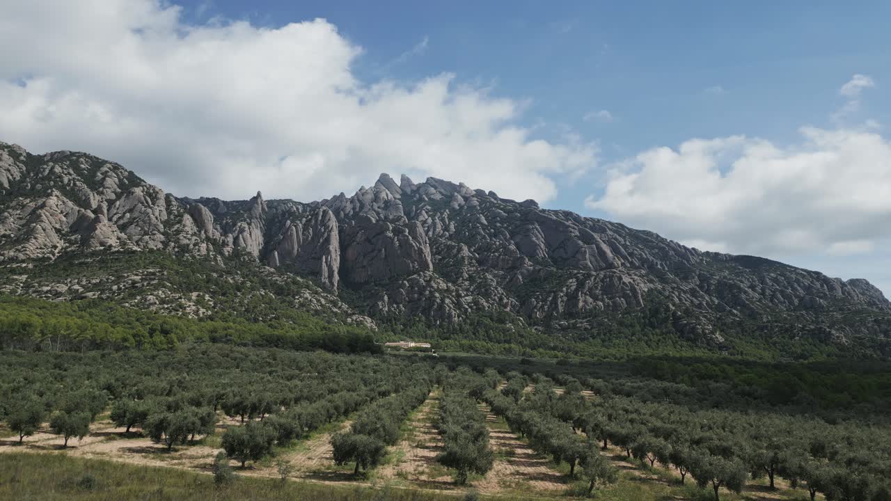 Stunning aerial footage showcasing the majestic montserrat mountain range in catalonia, spain, with verdant olive groves at its base, illustrating a beautiful and serene natural environment
