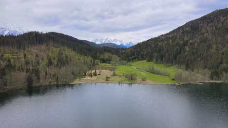 aerial view of mountain lake barmsee in bavarian alps