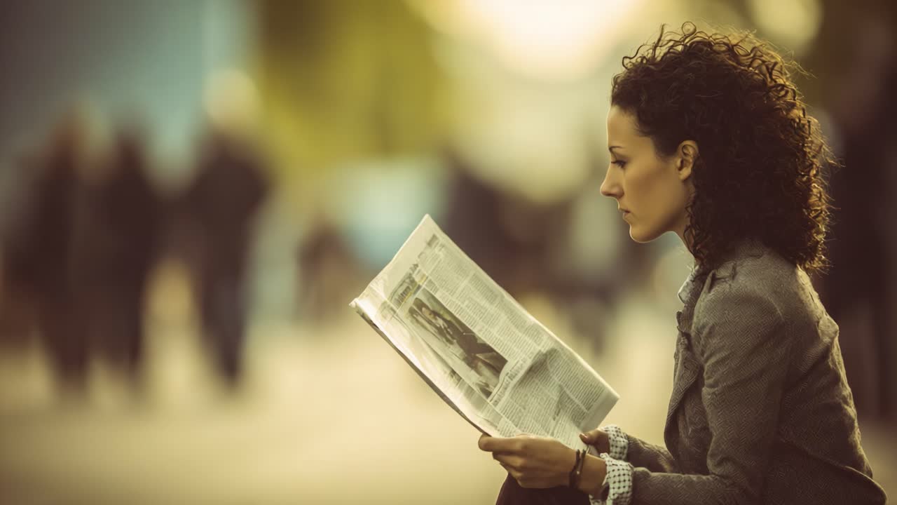 A Thoughtful Moment: A Young Woman Engrossed in Reading a Newspaper Amidst a Bustling Background of Passersby
