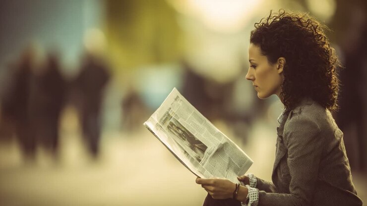 A Thoughtful Moment: A Young Woman Engrossed in Reading a Newspaper Amidst a Bustling Background of Passersby