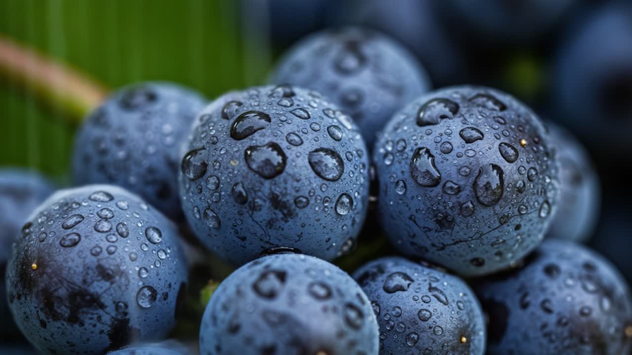 A Close-Up View of Fresh Blueberries Glistening with Water Drops, Showcasing Their Juicy Texture and Vibrant Color, Perfect for Health-Conscious Snacking and Culinary Inspiration