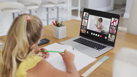 schoolgirl using laptop for online lesson at home, with diverse teacher and class on screen