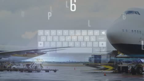 Animation-of-alphabets,-lens-flare-and-overhead-view-of-keyboard-over-airplane-at-airport-runway