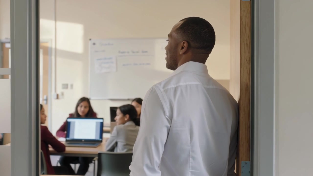 Entering male teacher in white shirt addressing class in classroom via glass door, laptop visible
