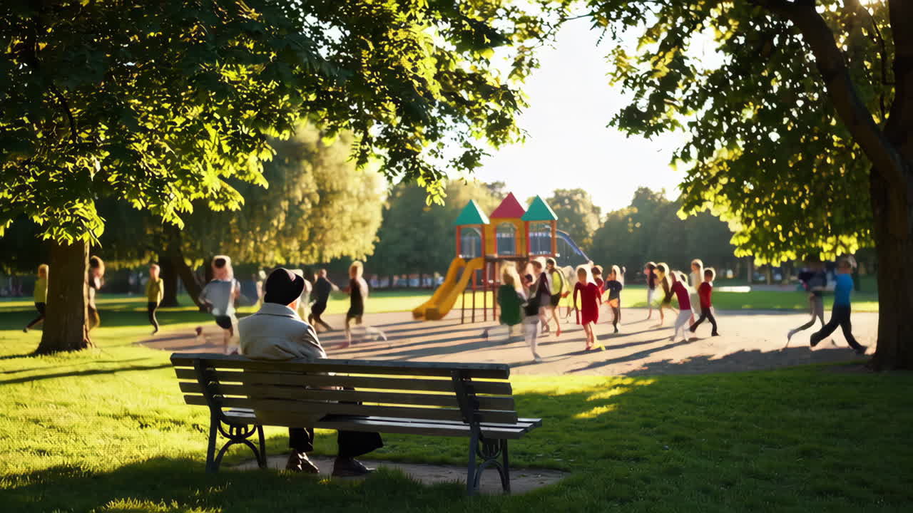 Old Man Watching Children Play in a Park